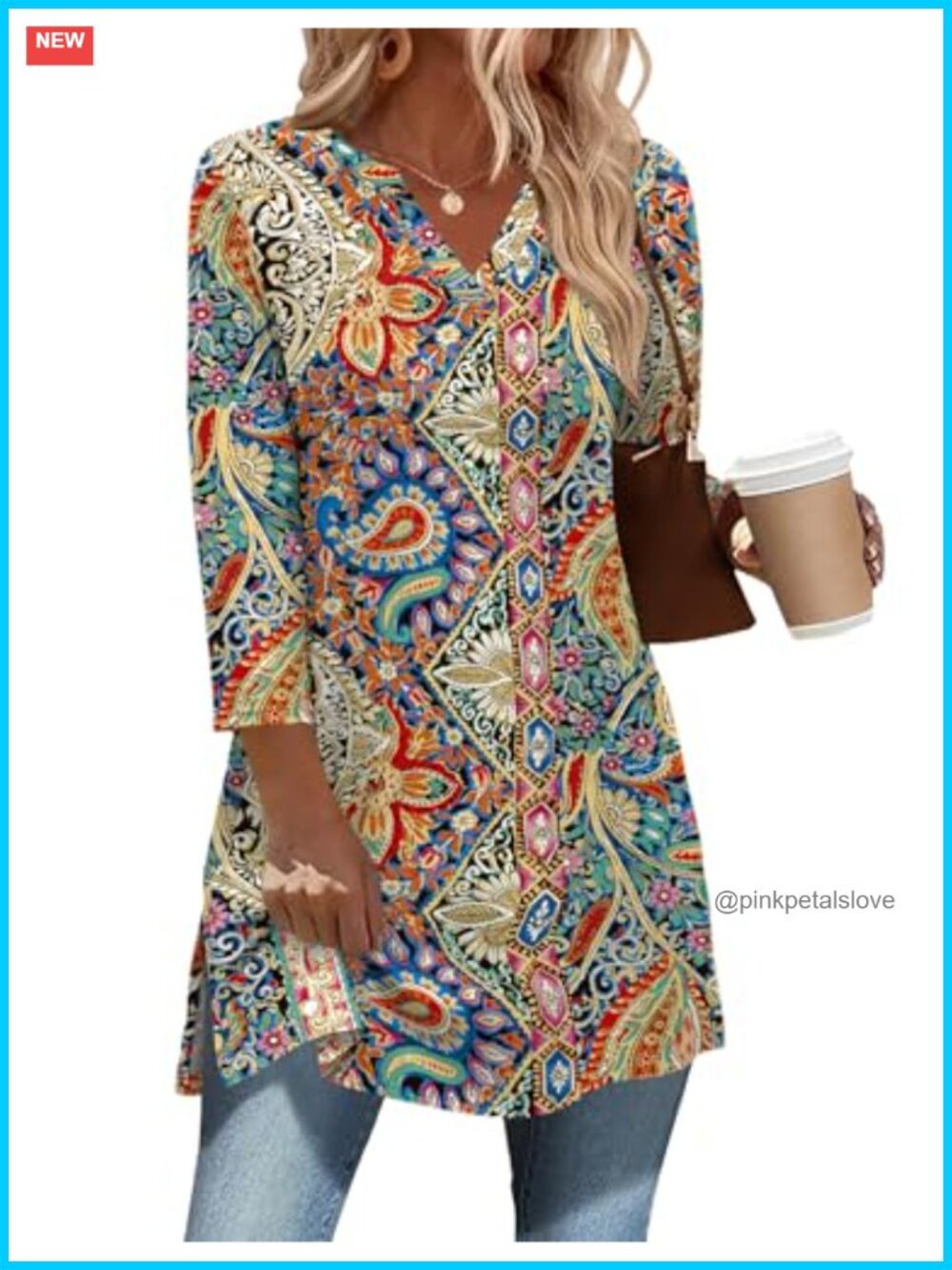 V Neck 3/4 Sleeve Plus Size Tunic Top with Side Slits